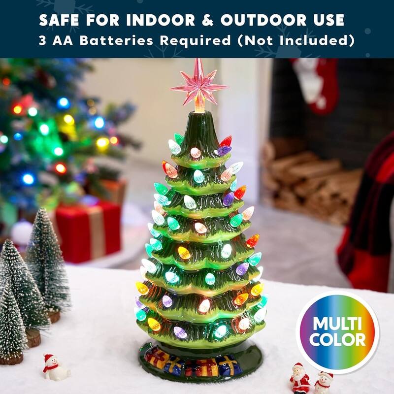 15 in. Tall Green Ceramic Pre-lit Tabletop Christmas Tree with Gift Box - Multicolor