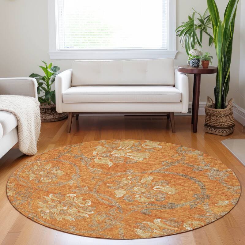 Premium Washable Super Soft Persian Floral Mayfield Rug - Orange - 8' x 8' - Round