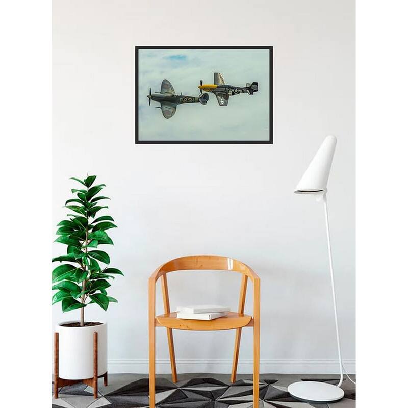 P-51 Mustang and Spitfire WW 2 Military Airplane in Flight Photography by Wayne Collamore Framed Poster - 18 x 24 Inch