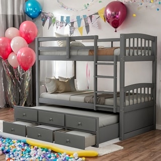 Twin Bunk Bed with Trundle, Ladder and 3 Drawers, Gray