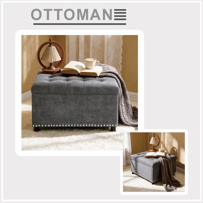 Square Tufted Upholstered Storage Ottoman with Nailhead Trim