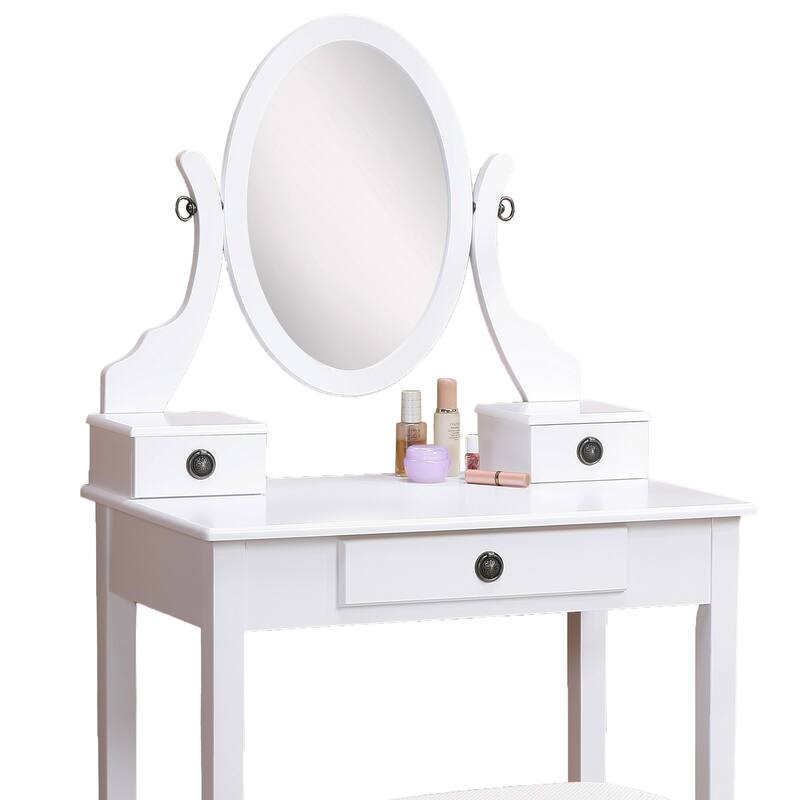 Bedroom Makeup Vanity Desk and Stool Set, Vanity Set Includes Dressing Table, Swivel Adjustable Oval Mirror and Stool