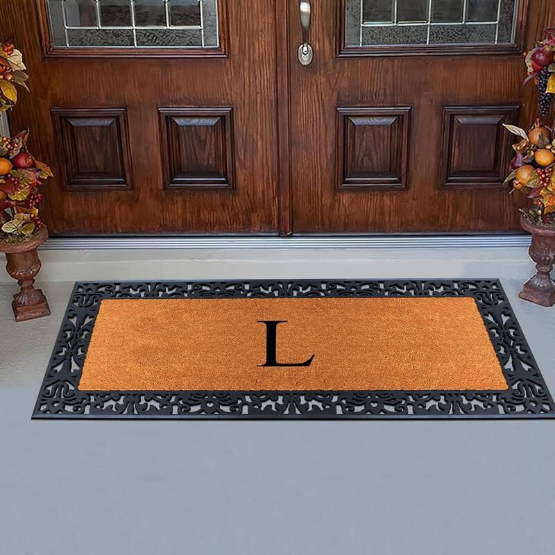A1HC Rubber and Coir Paisley Border Heavy Duty Non-Slip Durable Double Door Monogrammed Doormat 30"X60", Black