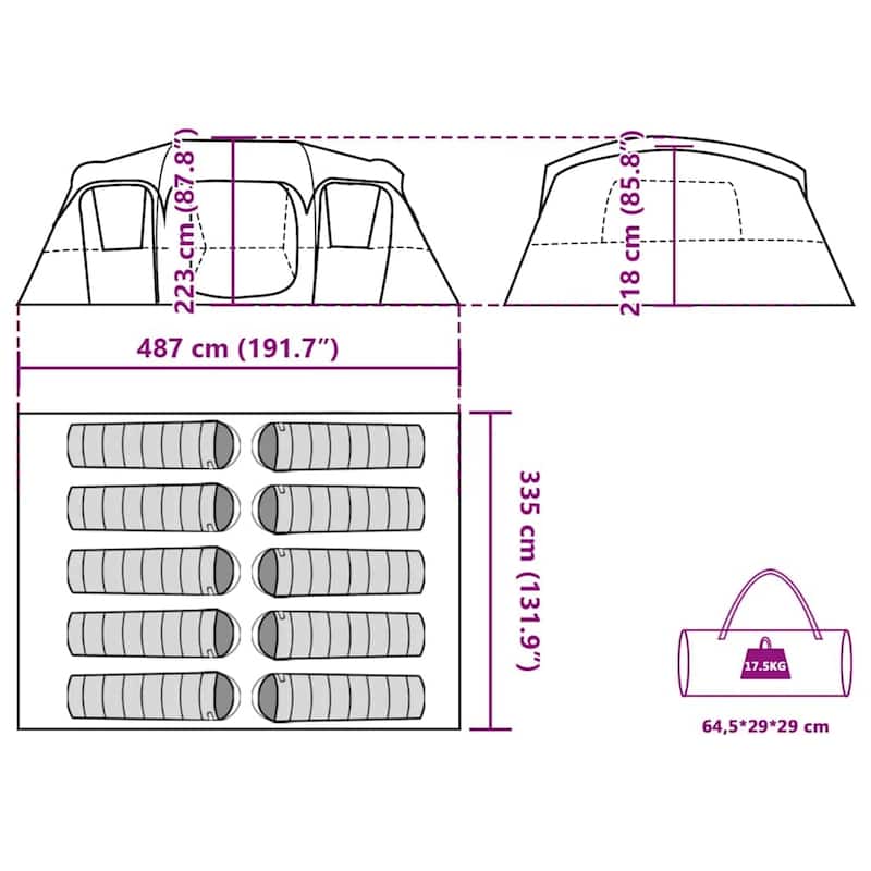 vidaXL Family Tent Cabin 10-Person Green Waterproof - 191.7" x 131.9" x 87.8"/85.8"