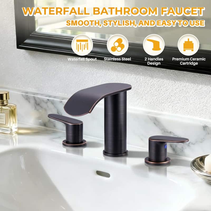 WOWOW 8 in.Double Handle Waterfall Bathroom Faucet with Pop-up Drain