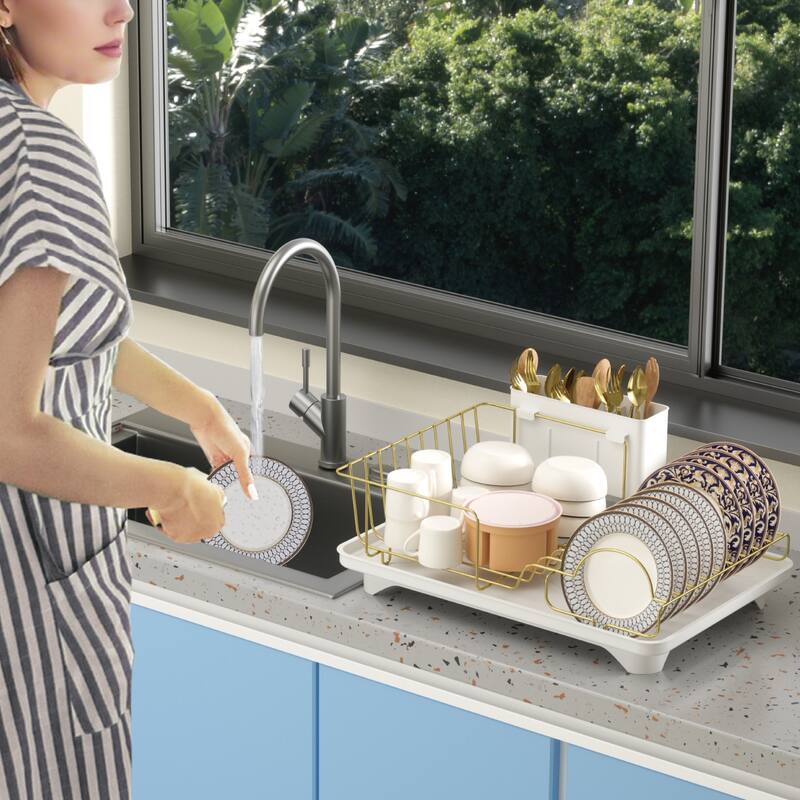 Dish Drying Rack for Kitchen Countertop, Gold Stainless Steel Dish Drainer with Drain Board, Utensil Holder & Anti-Slip Feet