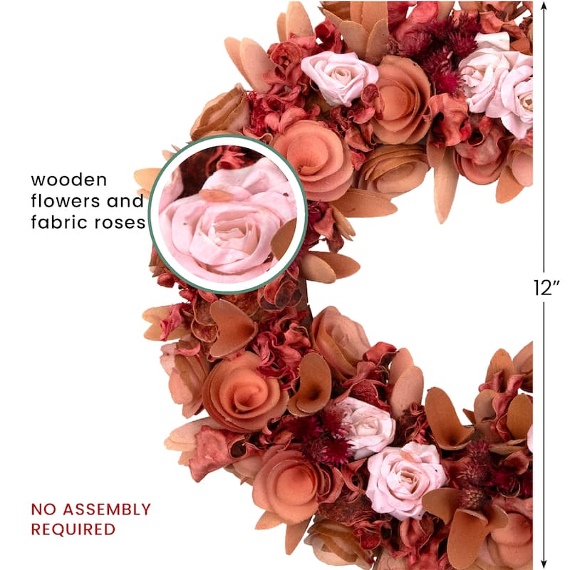 Roses and Wooden Flowers Artificial Spring Wreath - 12" - Unlit - Pink