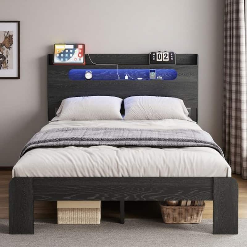 King Size Wood Platform Bed with LED Headboard, Storage Shelf, USB Ports & Outlets, Noise-Free Frame, No Box Spring Needed