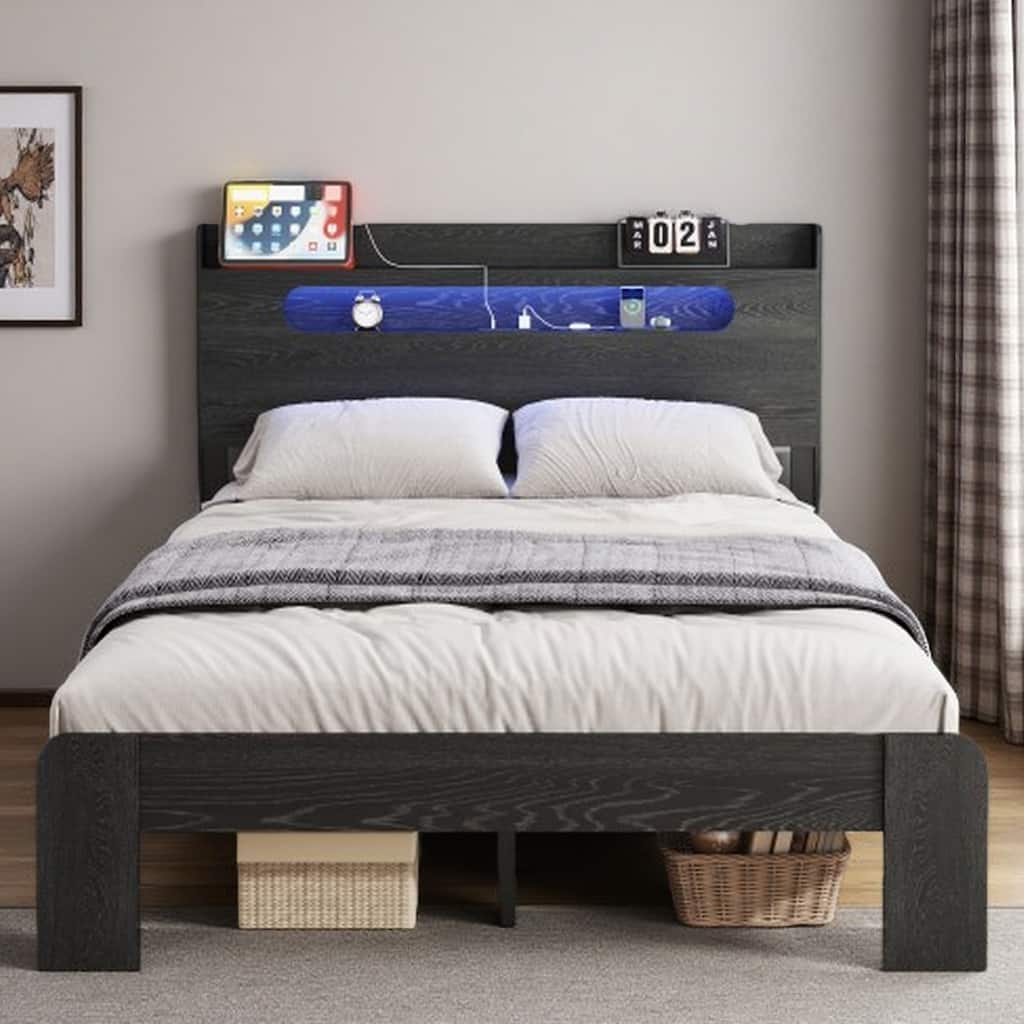 King Size Wood Platform Bed with LED Headboard, Storage Shelf, USB Ports & Outlets, Noise-Free Frame, No Box Spring Needed