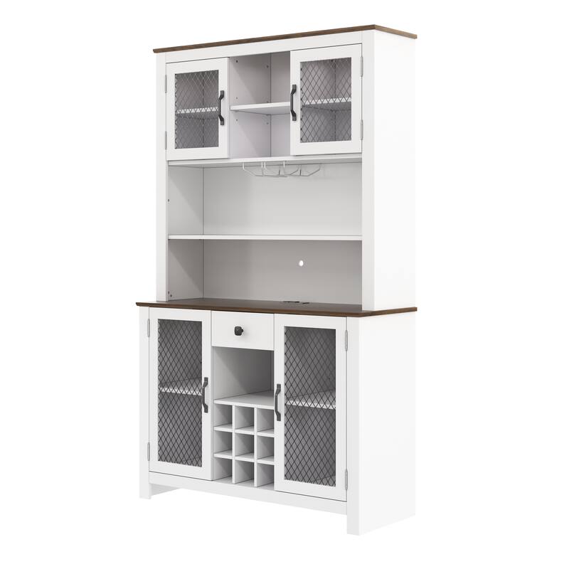 Kitchen Pantry Cabinet with LED Light, Built-in Power & USB Outlets, Kitchen Hutch Cabinet with Doors, Wine Rack & Shelves