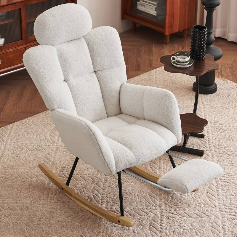 Comfortable Teddy Fabric Upholstered Rocking Chair with High Backrest and Pillows for Indoor Use - Ivory-1