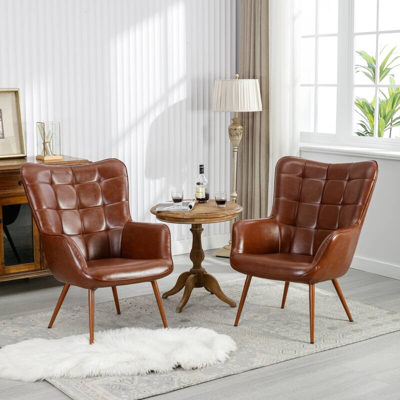 PU Leather Accent Chair Tufted Button Wingback Chair - Reddish Brown-2Set