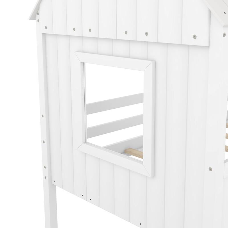 Twin Size Low Loft Bed House Bed with Roof, Side Windows, Ladder and Safety Guardrail, Playhouse Bed with Wood Frame for Kids