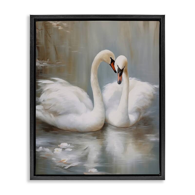 Stupell Kissing Swans on Pond Framed Floater Canvas Wall Art Design By Arlington Prints - 25 x 31 - Black