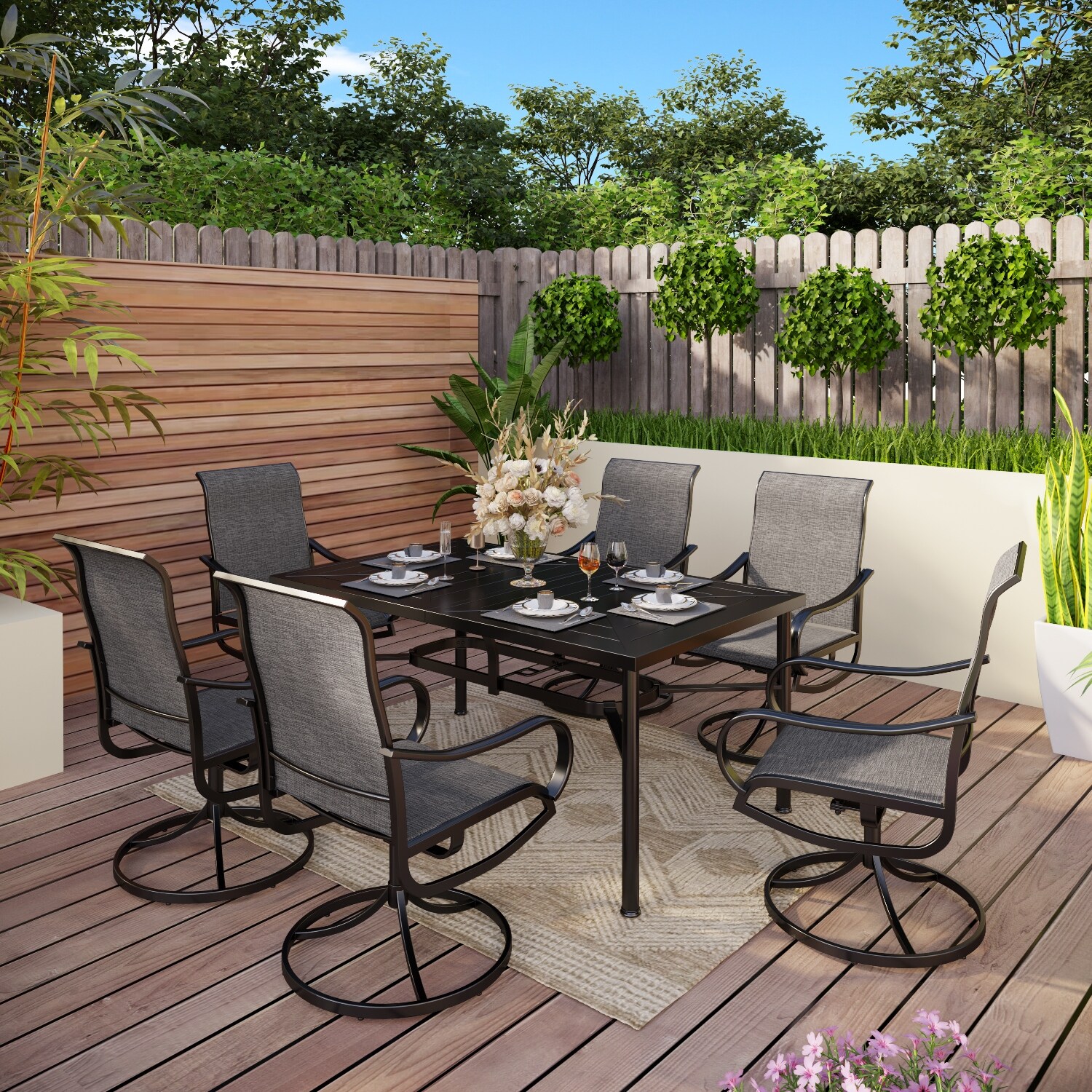 7 Piece Patio Dining Set of 6 Sling Swivel Chairs and a Metal
