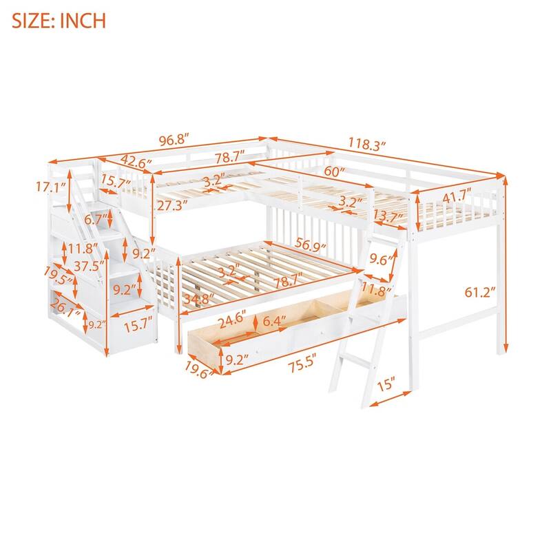 Merax Twin over Full L-Shaped Bunk Bed With 3 Drawers, Ladder and Staircase