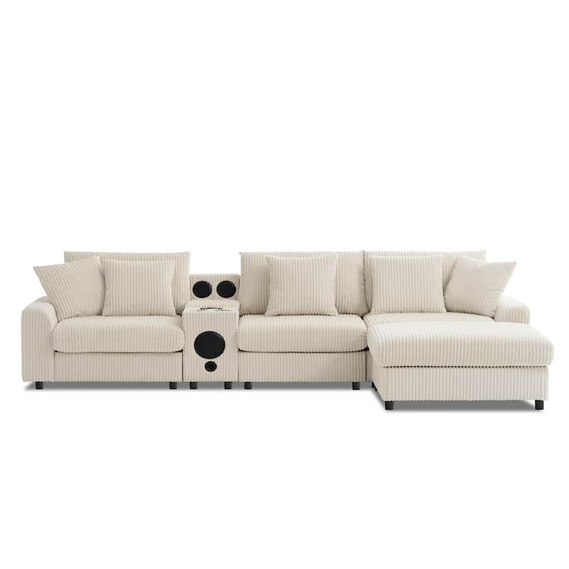 Corduroy Sectional Sofa With Bluetooth Speakers,L Shaped Couch With Console,Usb Charger,Cup Holders,Storage,Ottoman