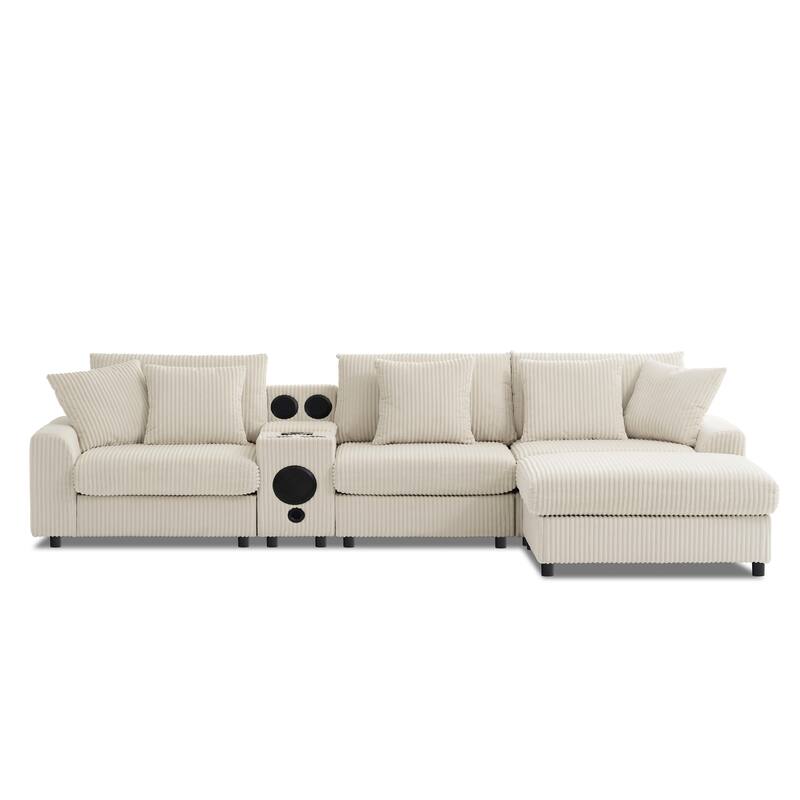 Modular Corduroy Sectional Sofa with Bluetooth Speakers, Charging Ports, Cup Holders, Storage and Ottoman for Living Room