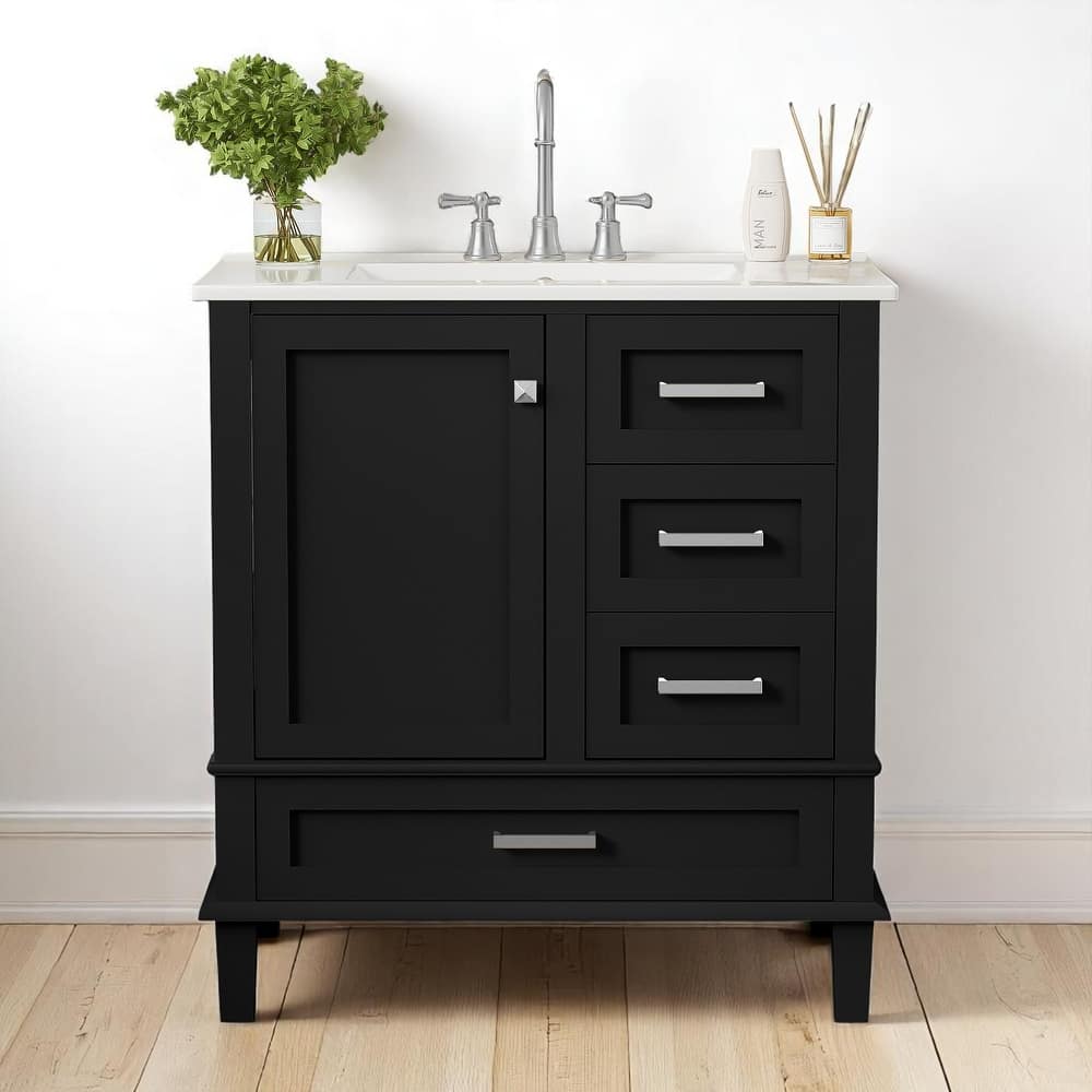 30" Modern Bathroom Vanity with Ceramic Sink, 3 Drawers, 1 Soft-Close Door, Solid Wood Frame