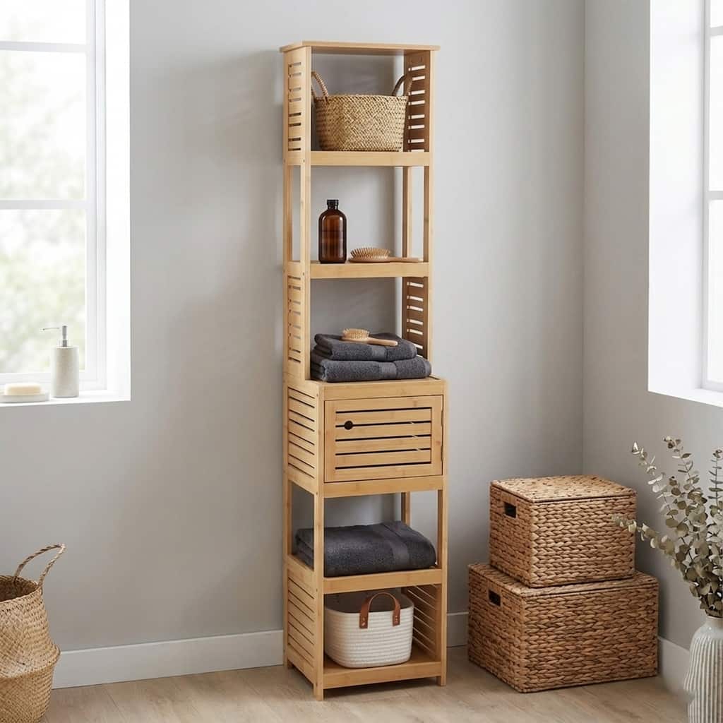 Tall Bathroom Storage Cabinet with Multiple Shelves and Vented Door, Natural - Trinidad Collection - 13 7/8"L x 10.4"W x 68"H