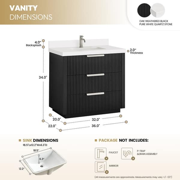 dimension image slide 0 of 8, Santarem Single Vanity with Pure White Quartz Stone Top without Mirror