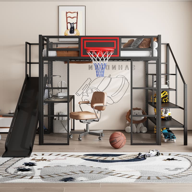 Full Size Metal Loft Bed with Built-in Desk, Wardrobe, Basketball Hoop, Slide, and Staircase
