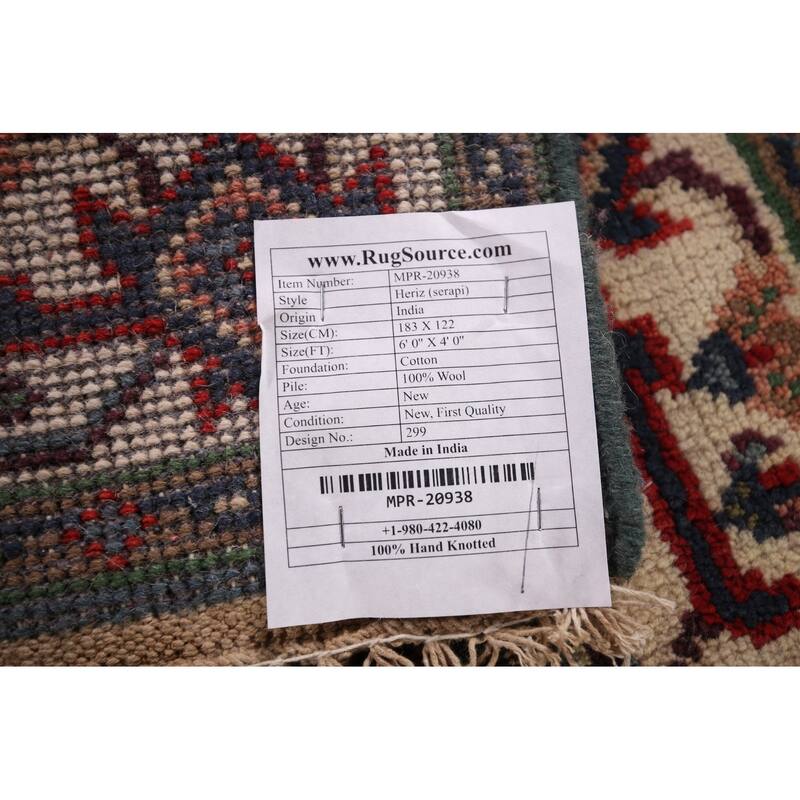 Light Blue Geometric Heriz Serapi Rug Hand-Knotted Wool Carpet - 4'0" X 6'0"