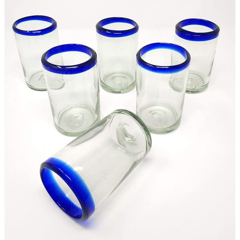 Dos Sueños Hand Blown Mexican Drinking Glasses - Set of 6 Juice Glasses with Cobalt Blue Rims (8 oz each)