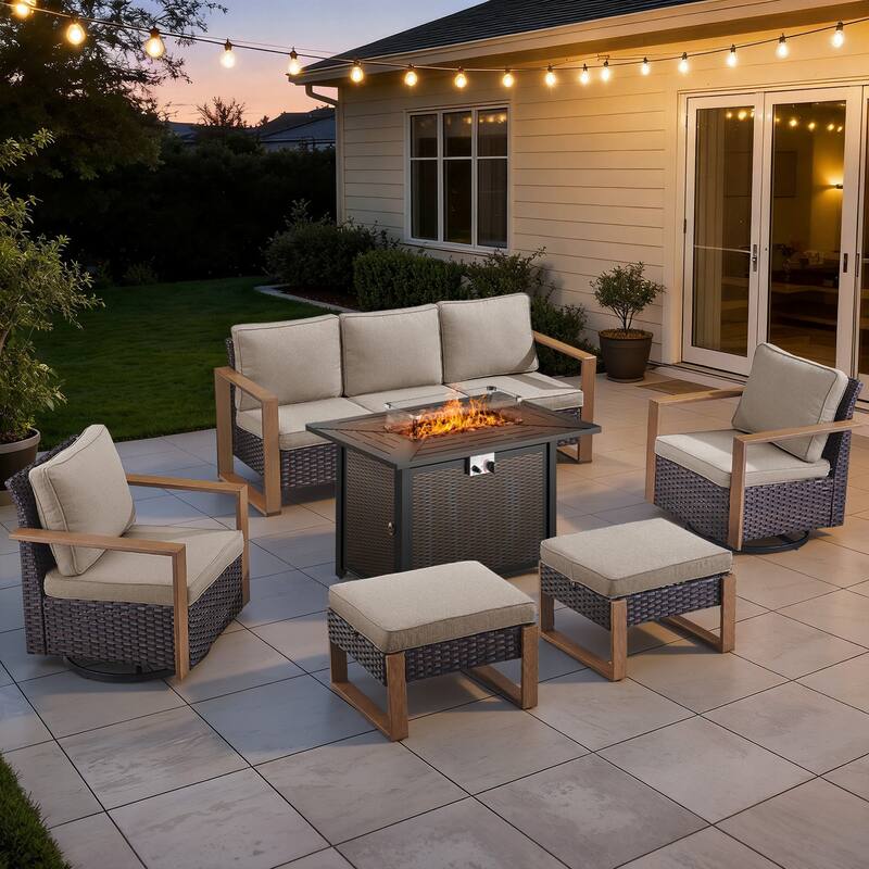 Meyreso Wicker Outdoor Patio Metal Fire Pit Set with Swivel Gliders & 4.5" Olefin Cushions - Brown / Beige Cushions - 6-Piece
