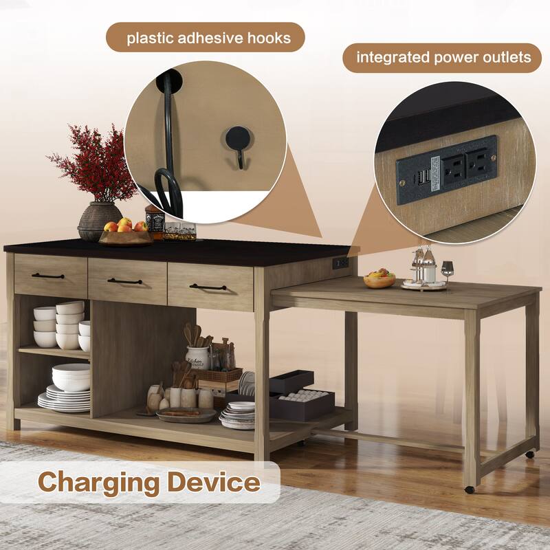Extendable Kitchen Island with Storage, Multi-Functional Kitchen Cart with Built-In Power Outlets, Retro Kitchen Island