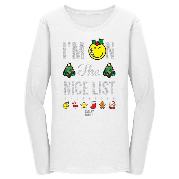 Smiley World Christmas Im On The Nice List Quote Womens Long Sleeve
