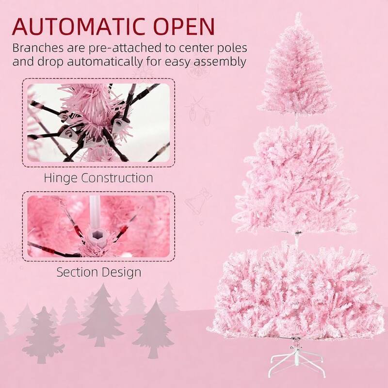 Christmas Trees,Artificial Pink Christmas Trees, with Auto Open, Steel Base, Wide Shape for Indoor Xmas Decoration