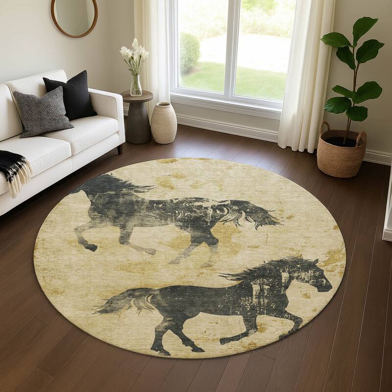 Premium Washable Super Two Horses Mayfield Rug - Gold - 8' x 8'