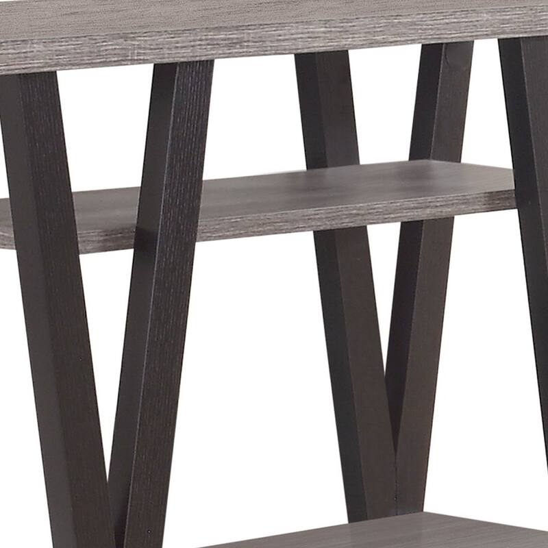 Zigzag Contemporary Solid Wooden Sofa Table With Bottom Shelves, Gray And Black