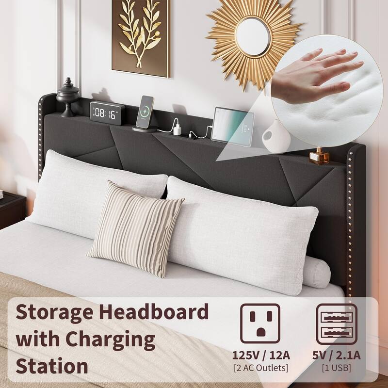 Full/Queen Floating Bed Frame with LED Lights & Charging Station, Upholstered Platform Beds with Storage Headboard