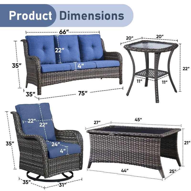 Pocassy 5 Pieces Outdoor 4 Inch Sofa Swivel Chairs Table