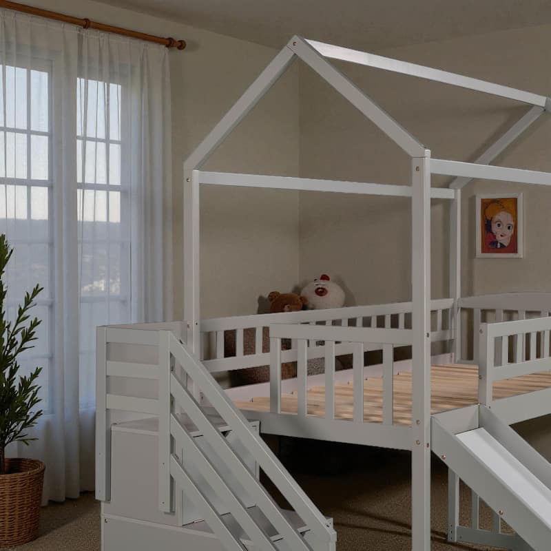Twin Loft Bed with Slide and Storage Steps, House-Style Kids Bed with Two Drawers and Play Area, No Box Spring Needed