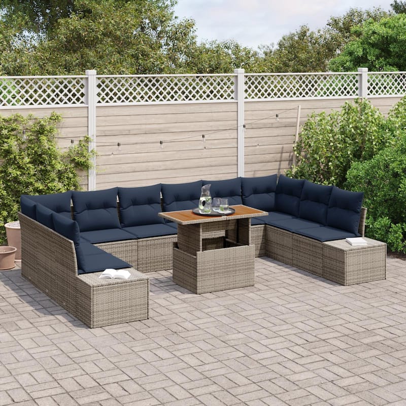 vidaXL 11 Garden Sofa Set with Cushions Black/Grey Poly Rattan - 135.4 x 89.4 x 27.2