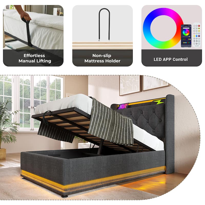 Upholstered Bed with LED Function and USB Charging