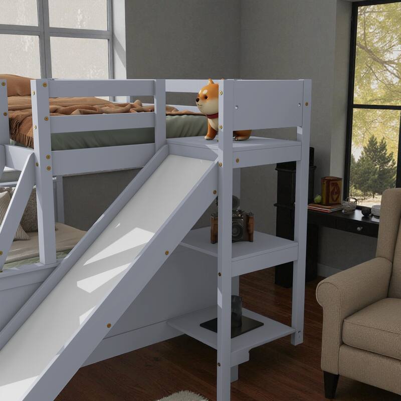 Twin Over Full Rubber Wood Bunk Bed with Slide, 2 Drawers, Shelves and Ladder, Solid Wood Bunk Bed for Kids