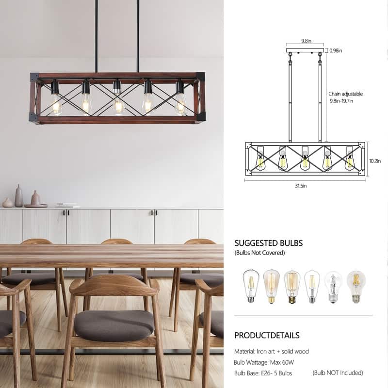 32-Inch Red Wood Industrial Farmhouse Rectangular Pendant Light – Five-Light Chandelier (No Bulbs) - 32"
