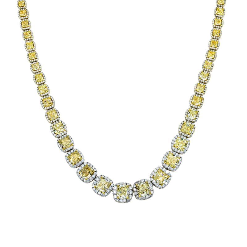 House Of Leon 18K White Gold Graduated Cushion Cut Canary Yellow Diamond Chain 74.25ct