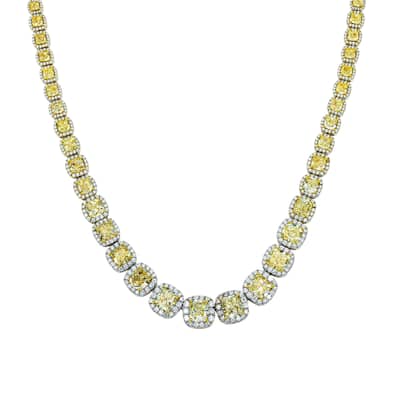 House Of Leon 18K White Gold Graduated Cushion Cut Canary Yellow Diamond Chain 74.25ct