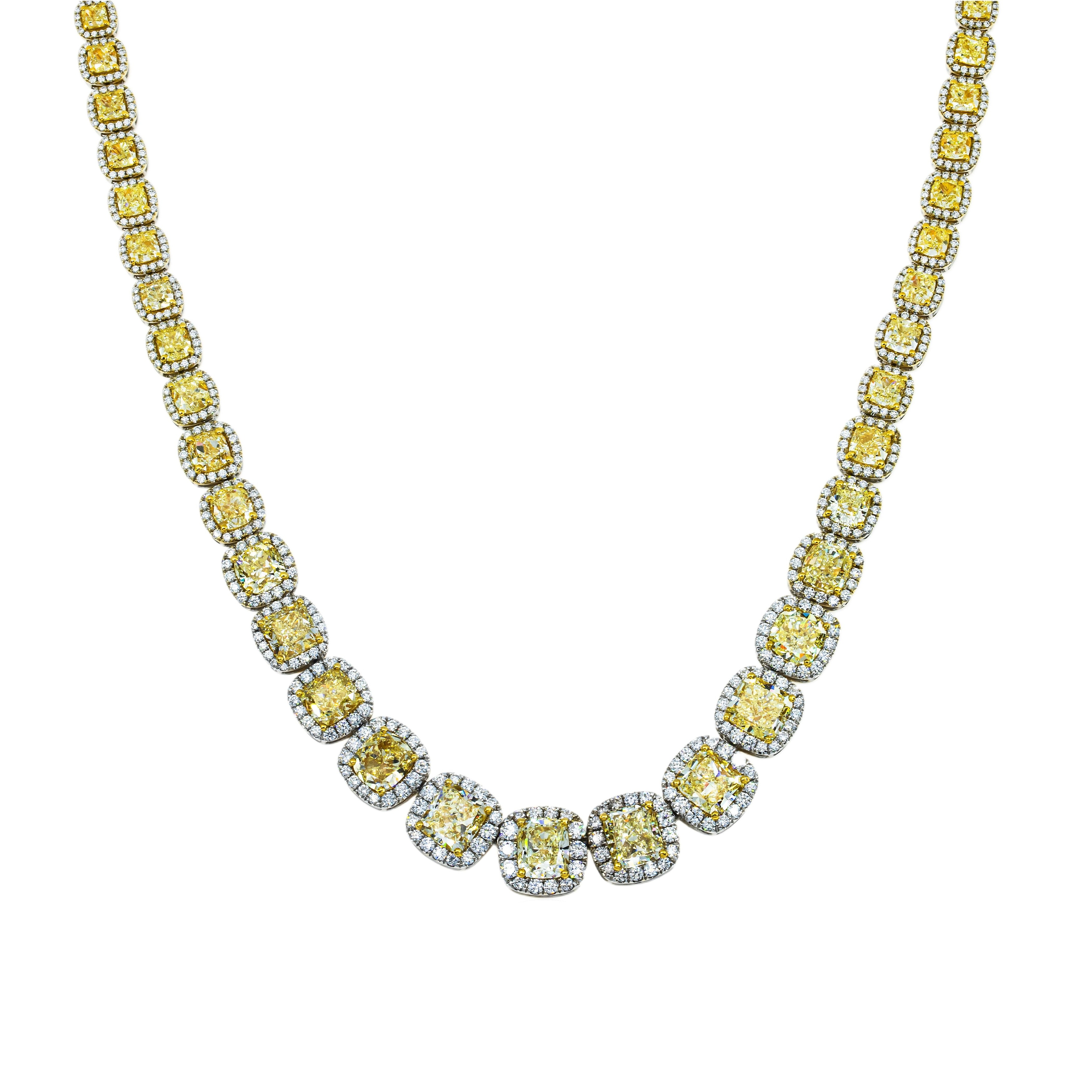 House Of Leon 18K White Gold Graduated Cushion Cut Canary Yellow Diamond Chain 74.25ct