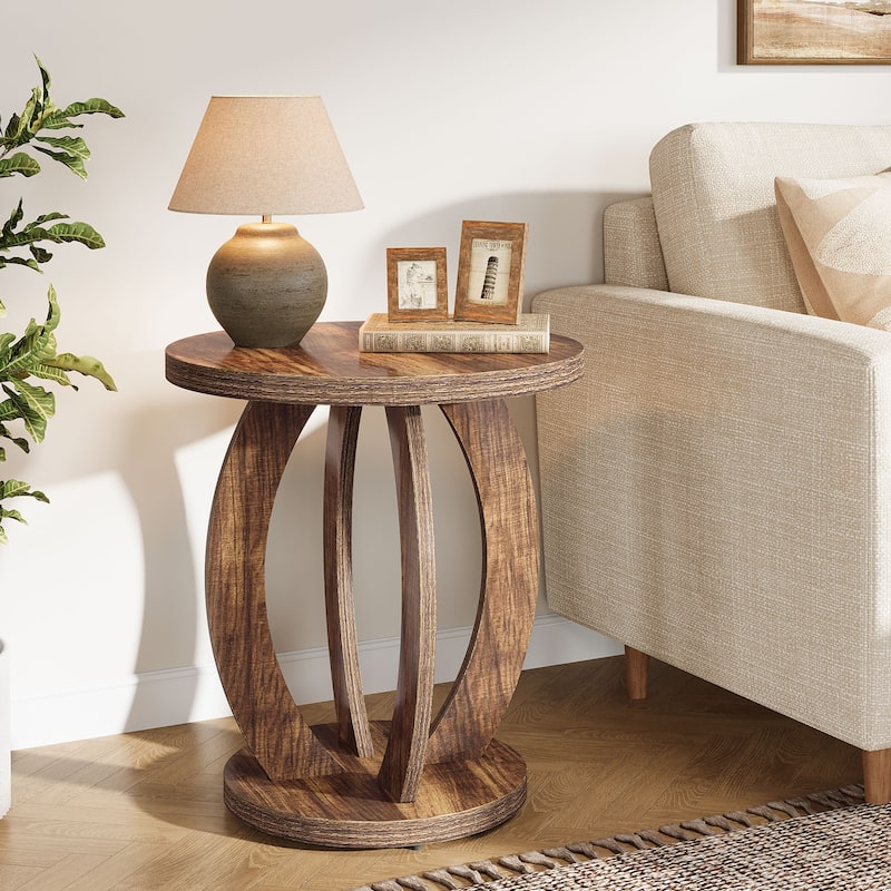 Round Side Table with Storage, Farmhouse End Table for Living Room Small Space