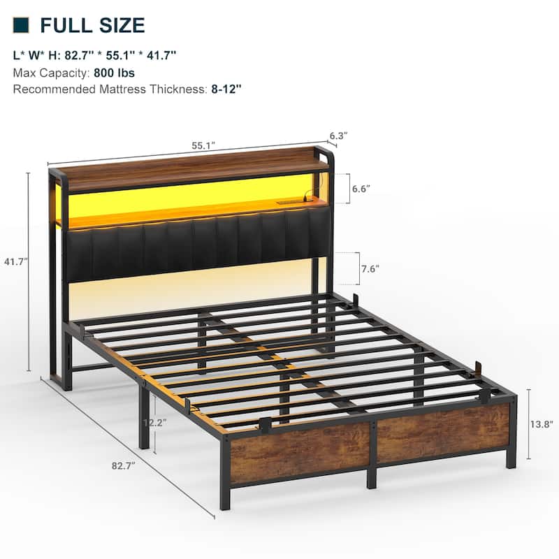 Platform Bed Frame with Upholstered Storage Headboard, Full/ Queen/ King Beds with Charge Station and LED Lights