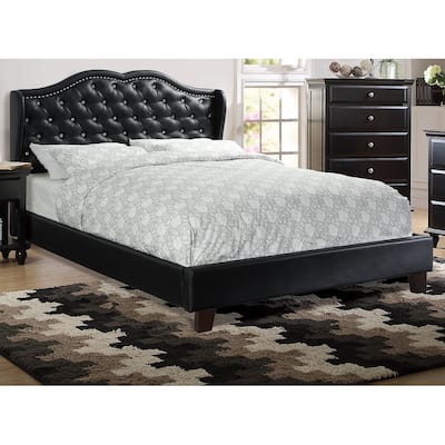 Queen Size Bed 1pc Bed Set Black Faux Leather Upholstered Wingback Design Bed Frame Headboard Bedroom Furniture