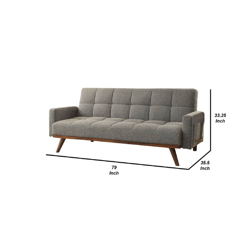 Fabric Upholstered Tufted Futon Sofa with Angled Wooden Legs, Light Gray