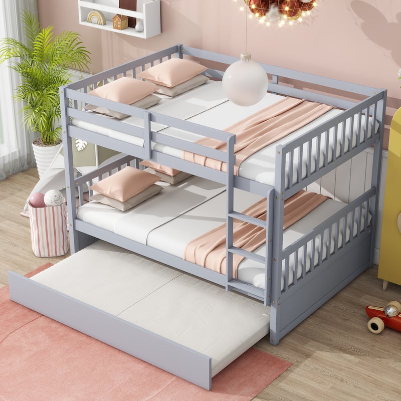 Convertible Full Over Full Rubber Wood Bunk Bed with Trundle, Ladder and Guardrails