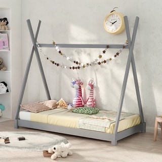 Twin House Platform Kids Bed Frame with Triangle Design and Safety Railings, White